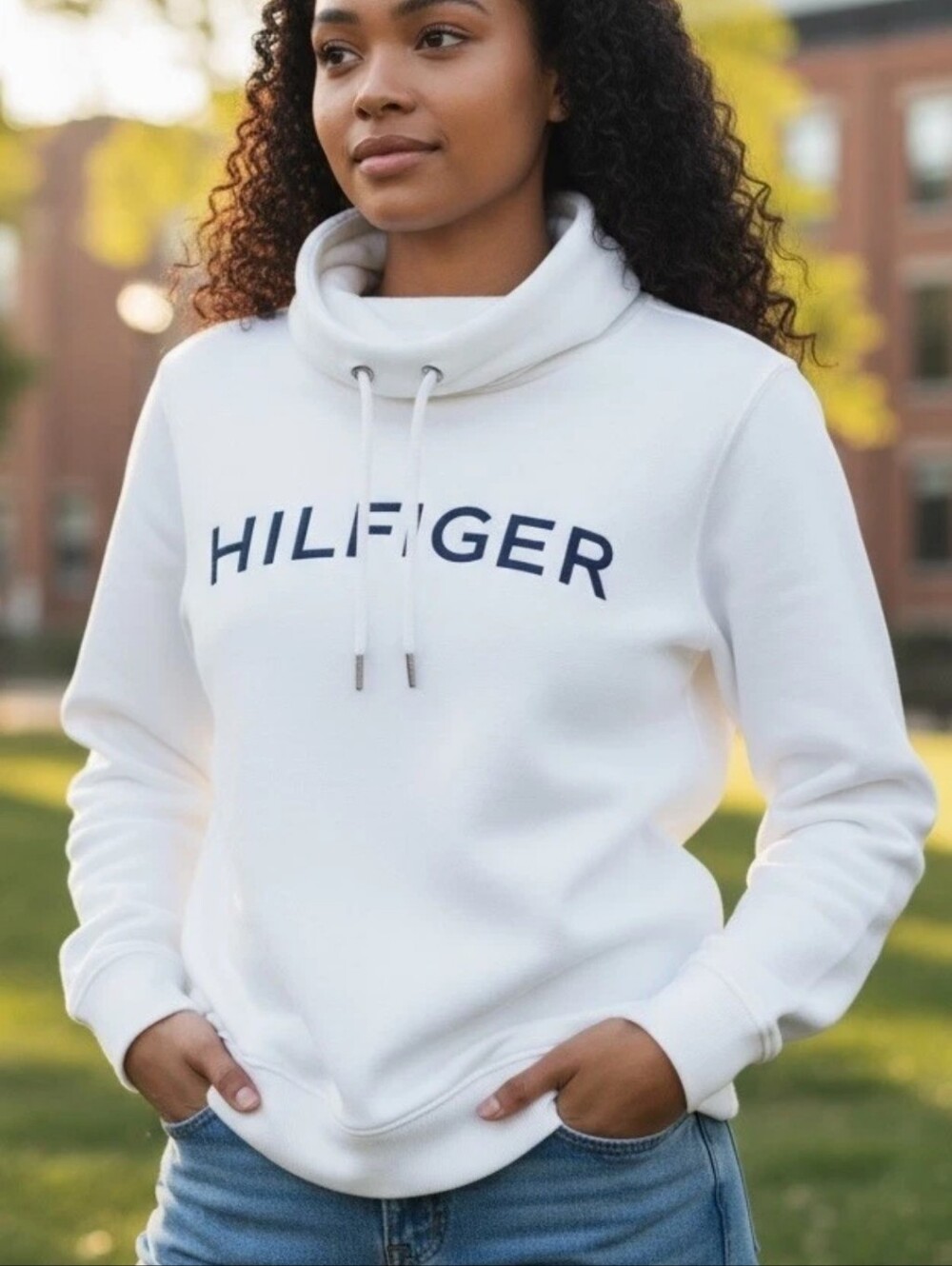 Tommy Hilfiger White Funnel Neck Logo Sweater